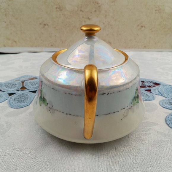 Vintage TK Czechoslovakia Sugar Bowl Hand Painted Pink Floral Design Gold Trim - Picture 4 of 8